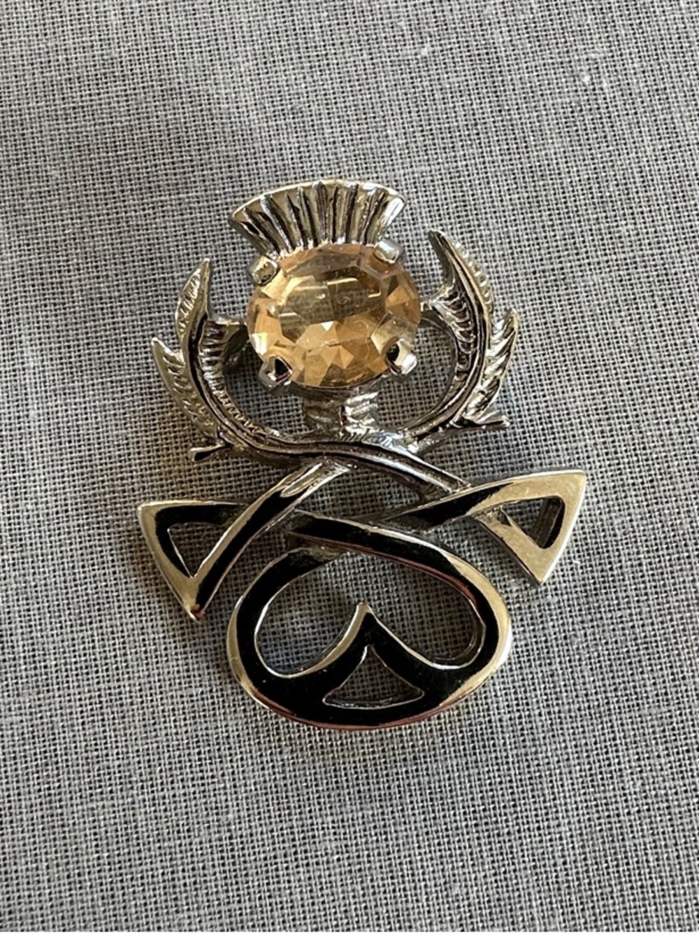 Silver-tone Thistle and Heart Brooch with Pale Amber Stone - Scotland